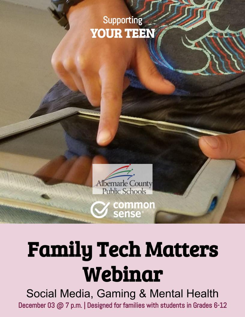Join us soon for a webinar focusing on gaming, social media, and mental health. For more information or to join in, visit our Family Matters Tech page at bit.ly/2HdE8B0