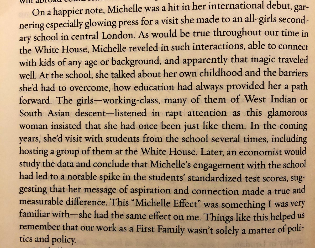 Also this from the 2009 UK visit. Obama describes Michelle’s trip to a London girls school + cites an economist saying it was followed by a “notable spike” in test scores. 5/