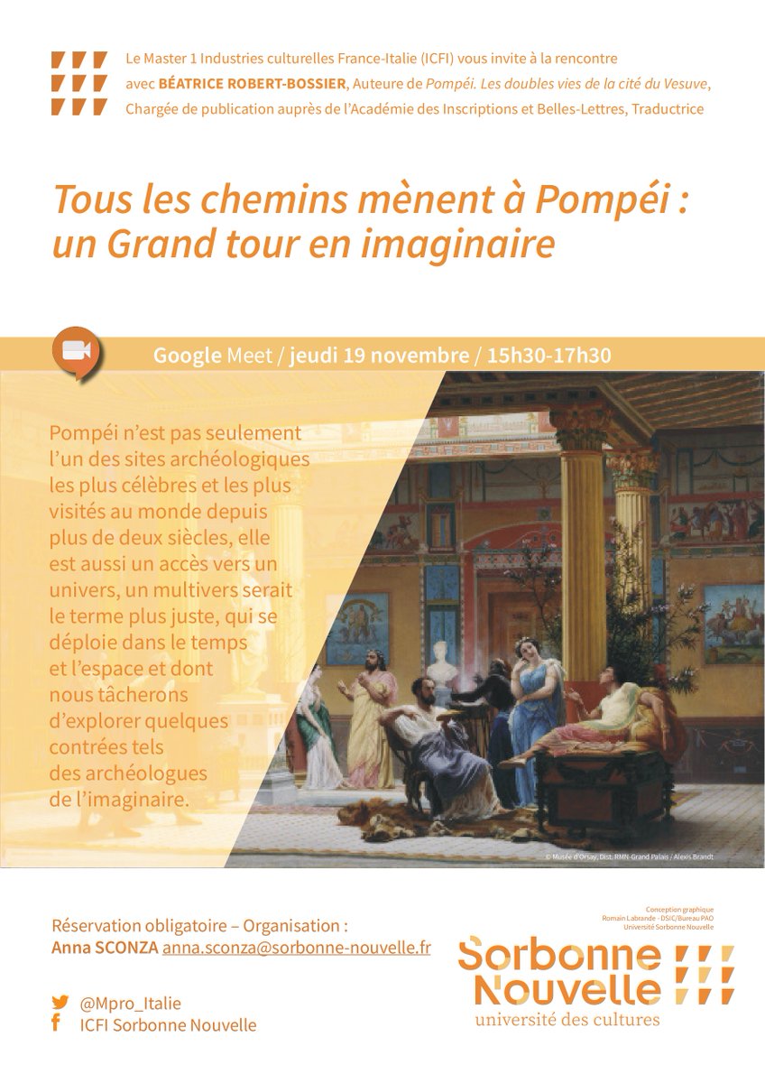 MPro_Italie's tweet photo. Nous avons le plaisir de confirmer une rencontre pro  (virtuelle) dans le cadre du cours "Muséologie et Tourisme culturel" : l'auteure Béatrice Robert-Boissier nous amène dans un "Grand tour en imaginaire" à Pompéi, ce jeudi 19 novembre, à 15h30 @pompeii_sites https://t.co/OM0xvSNFfA