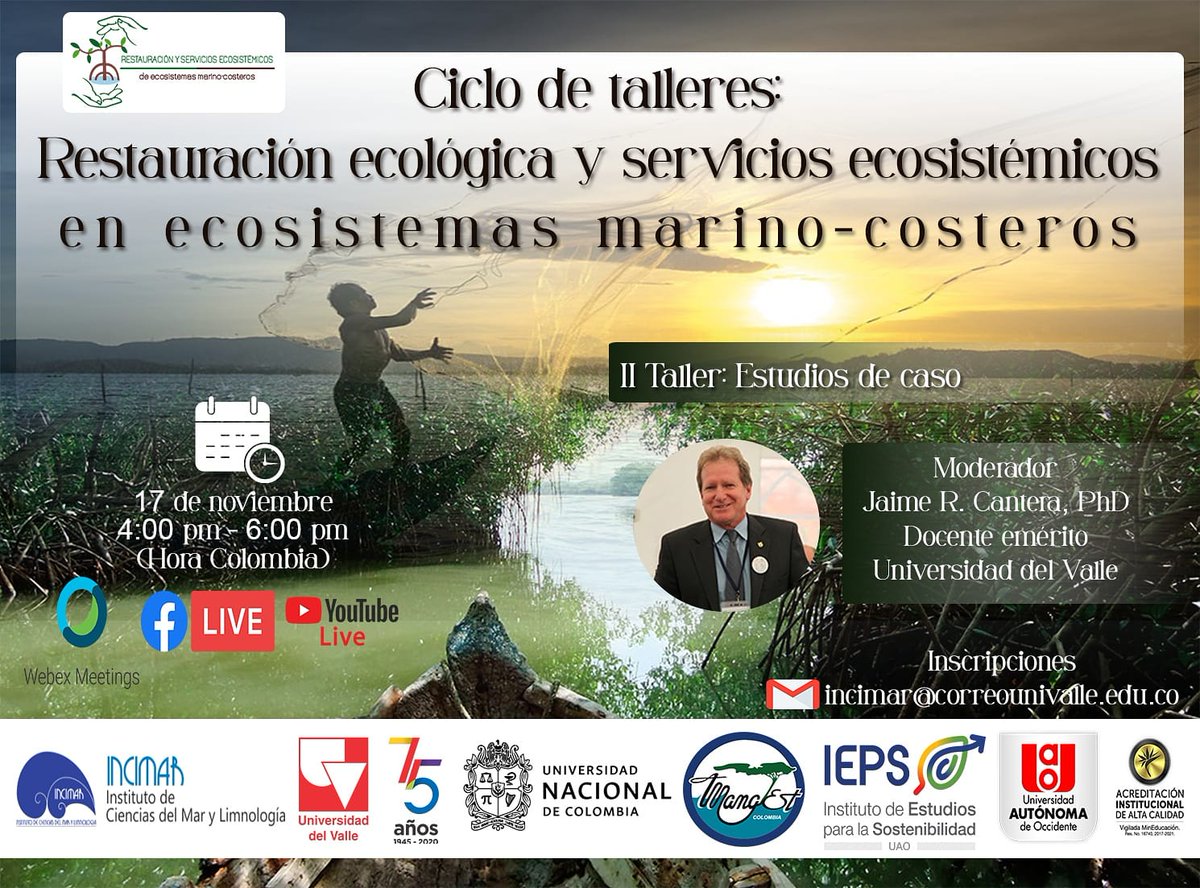 INCIMARUNIVALLE's tweet photo. Hoy tendremos nuestro 2do taller en restauración ecológica y servicios ecosistémicos de ecosistemas marino-costeros || 3 expertos nos contarán sus experiencias en estudios de restauración y SE de manglares 🌱 Los esperamos!!! https://t.co/hB69J4KULy