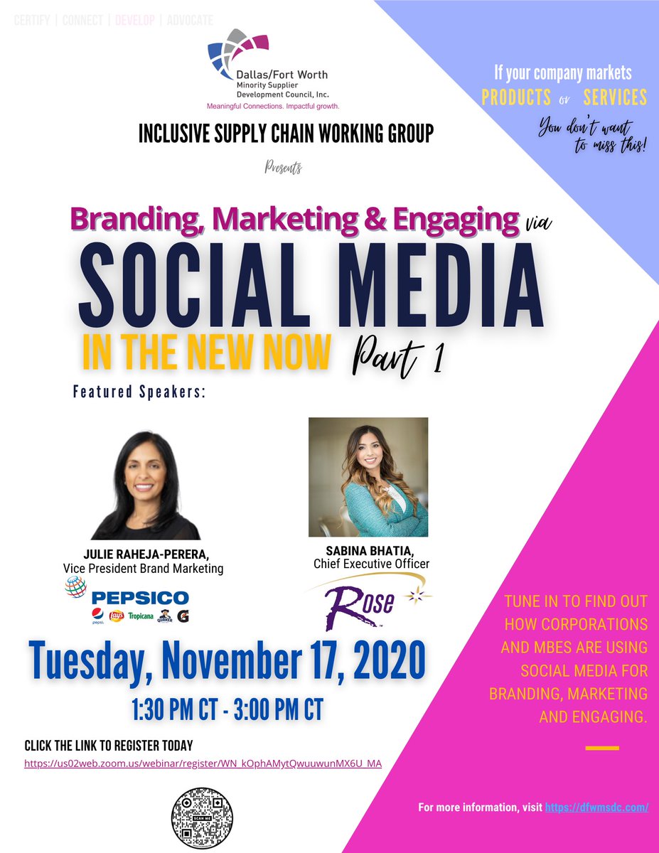 dfwmsdc's tweet photo. Tune in Today!💥
https://t.co/xNDr1NbkzE
Julie Raheja-Perera & Sabina Bhatia will lead the conversation and provide insight on how @PepsiCo & @RoseInt are leveraging Social Media in #TheNewNow 🖥💻📱
#ISCWG #BrandingMarketingEngaging #MBEdevelopment #Dallas #DFW #WeAreDFWMSDC https://t.co/DWSZJVcDtm