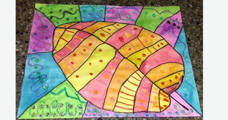 matney_art's tweet photo. I am recording 2nd and 3rd Graders' participation and I came across this beauty. Check out those designs and bright colors. https://t.co/rptGkDqQZl