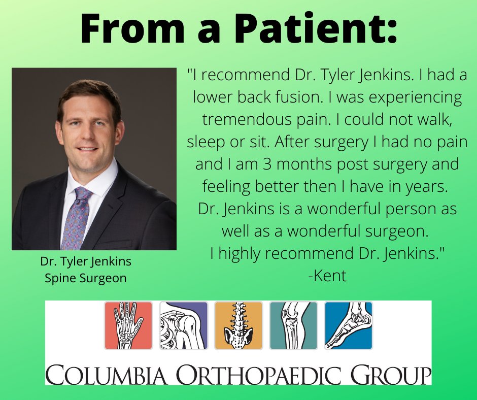 ColumbiaOrtho's tweet photo. One patient thanks Dr. Tyler Jenkins for a new life without back pain. Call for your appointment today! (573) 443-2402. #ColumbiaOrthopaedicGroup #DefiningExcellence #DEx https://t.co/W0NjJynpc3