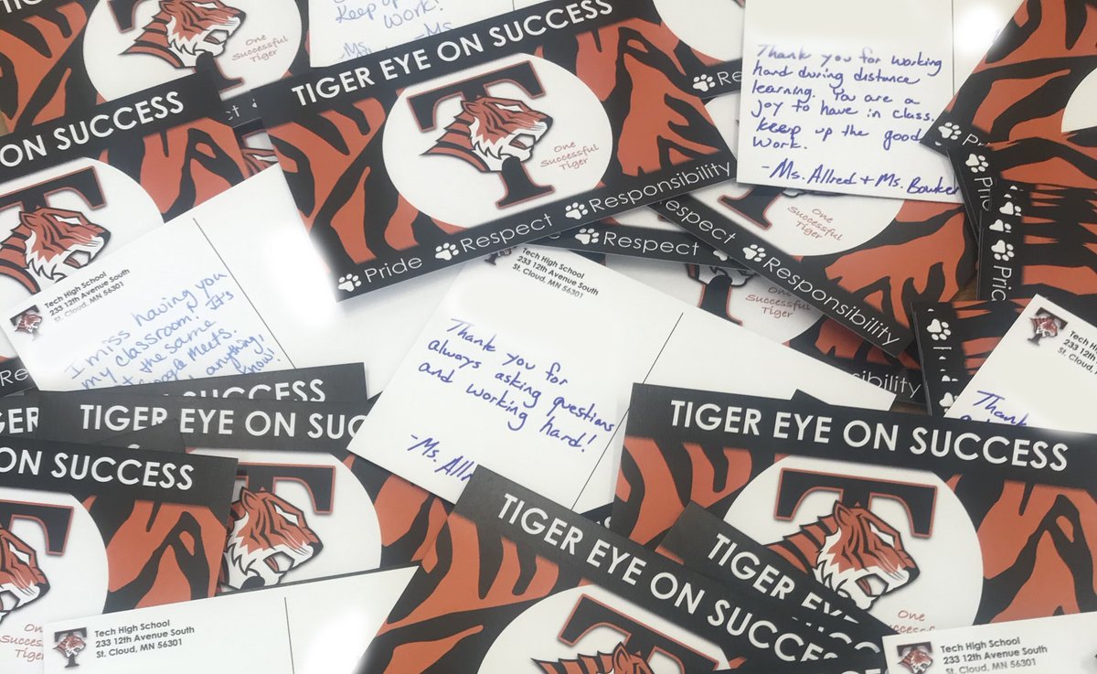 BarrCenter's tweet photo. Tech High School, a BARR School, has also been busy sending out more than 200 positive postcards to inspire students. Teacher Tony Wojtysiak wrote 41 postcards to send to each student who participated in his I-Time, a 30-minute relationship-building lesson. Go Tigers - @ISD742! https://t.co/drv1KsVEPp