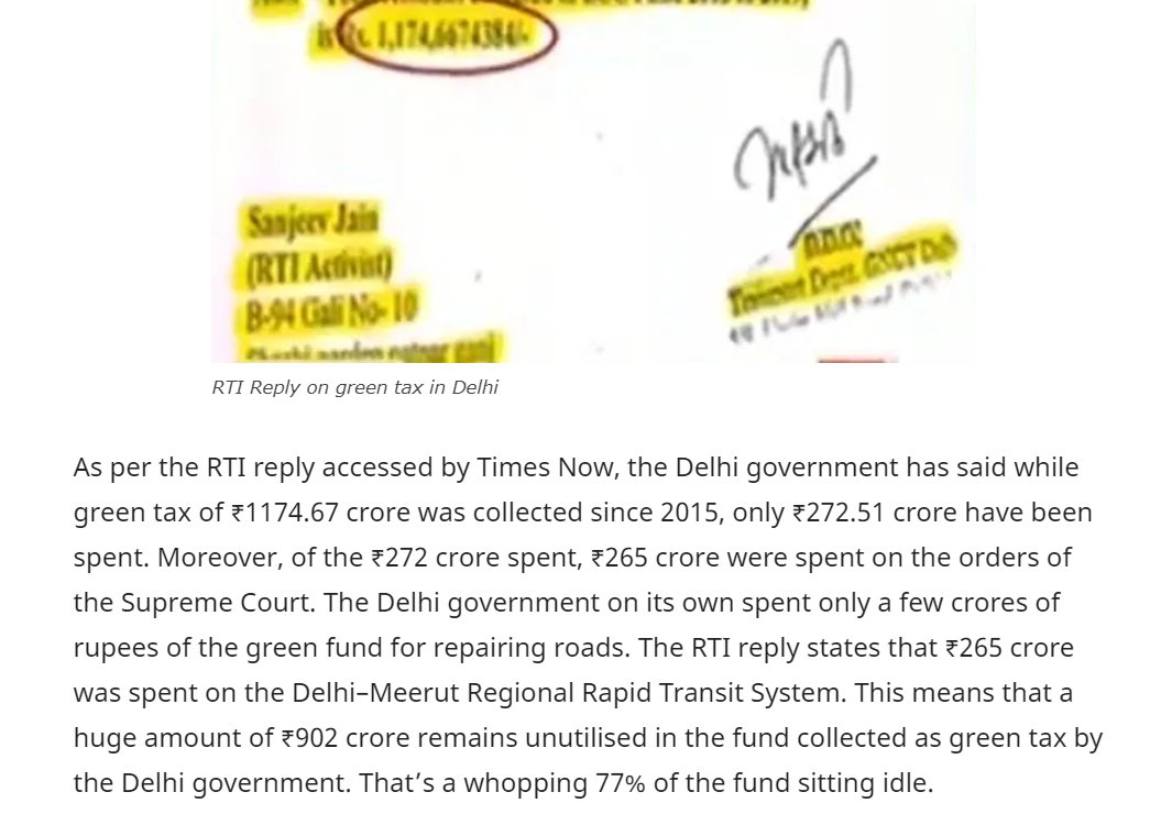  @TIinExile was right for bringing in  #NGT. Delhi has been struggling from severe pollution for a decade now. A Green tax was levied to resolve this problem. However, RTI reply in 2019, suggests that ~80% of the amount so collected remained unutilised. https://twitter.com/D_Roopa_IPS/status/1328456673111937024?s=204/n