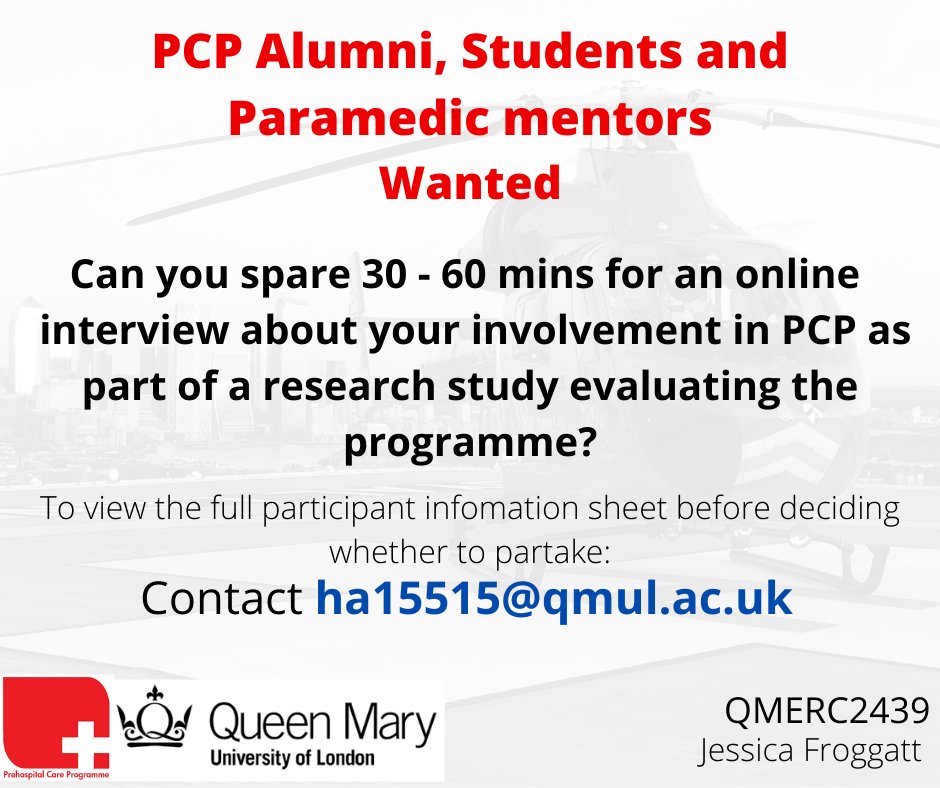 The_PCP's tweet photo. A call for any PCP paramedic mentors past or present, PCP alumni and current PCP students who are interested in completing a short interview via zoom/teams for a student's research study evaluating the PCP. Please see below for details. https://t.co/gijwWInZ5F