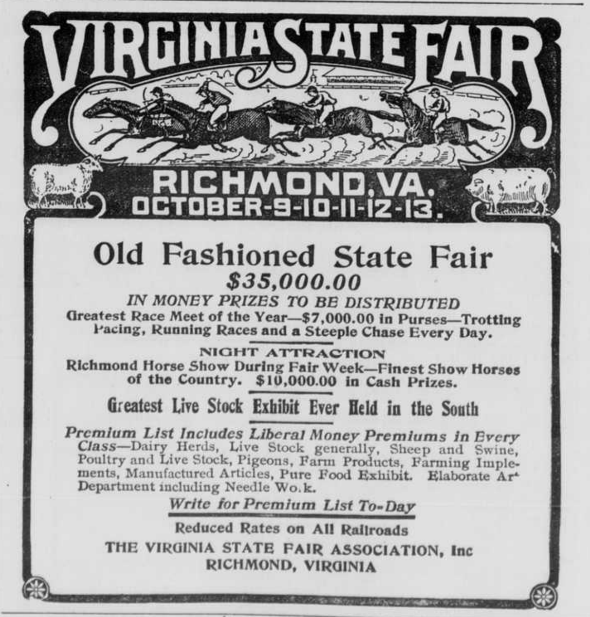 LibraryofVA's tweet photo. Fun #NovemberDistractions: Horse races at the #StateFairVA with $350,000 in prizes! Images from the Central Presbyterian, Oct. 3, 1906 & #RTD, Sept. 30, 1921. #ChronAmParty #VaChron https://t.co/dMtdjBA4r6