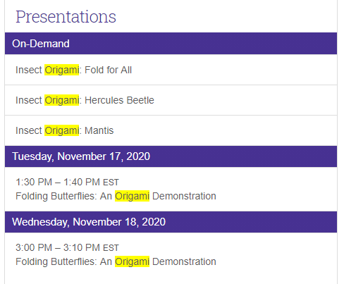 EntsocAmerica's tweet photo. Learn some insect origami at #EntSoc20! Search "origami" in the online program to find on-demand and live demos, and share your creations with the hashtag #EntoFold. https://t.co/JDMt81oMLb https://t.co/wvHslvLJam