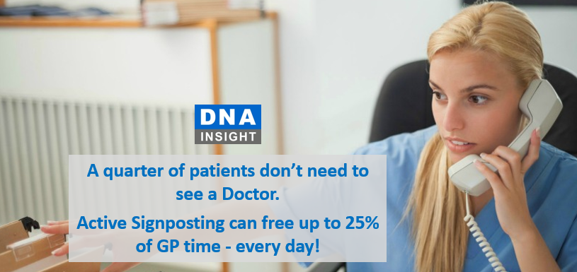 DNAInsight's tweet photo. #ActiveSignposting can free up 25% of GP appts every day! Patients should see or speak to the right clinician for their needs at the outset. Upskilling your Reception team's Care Navigation skills can make that a reality. https://t.co/R1sQ2lMbRD or call us on 0800 978 8323. https://t.co/gOkpE9zVpR