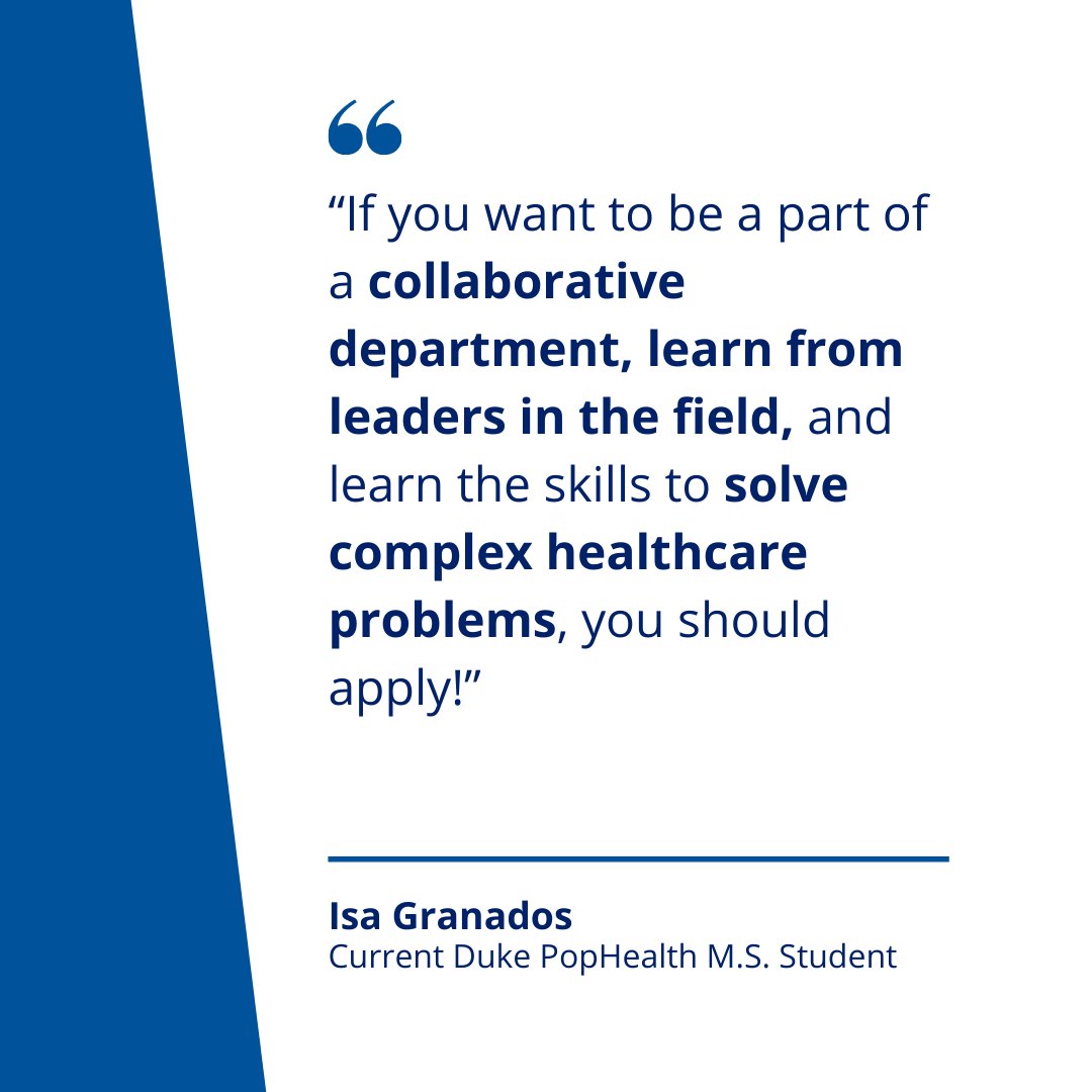 duke_pophealth's tweet photo. Duke PopHealth students love our @DukeGradSchool program as much as we love them! Learn more about what makes @DukeU #PopHealth different & how to apply to get your #mastersdegree - no GRE needed for applicants this year: https://t.co/o5giAhsb2L #DukePopHealth https://t.co/CotB0mn2mt