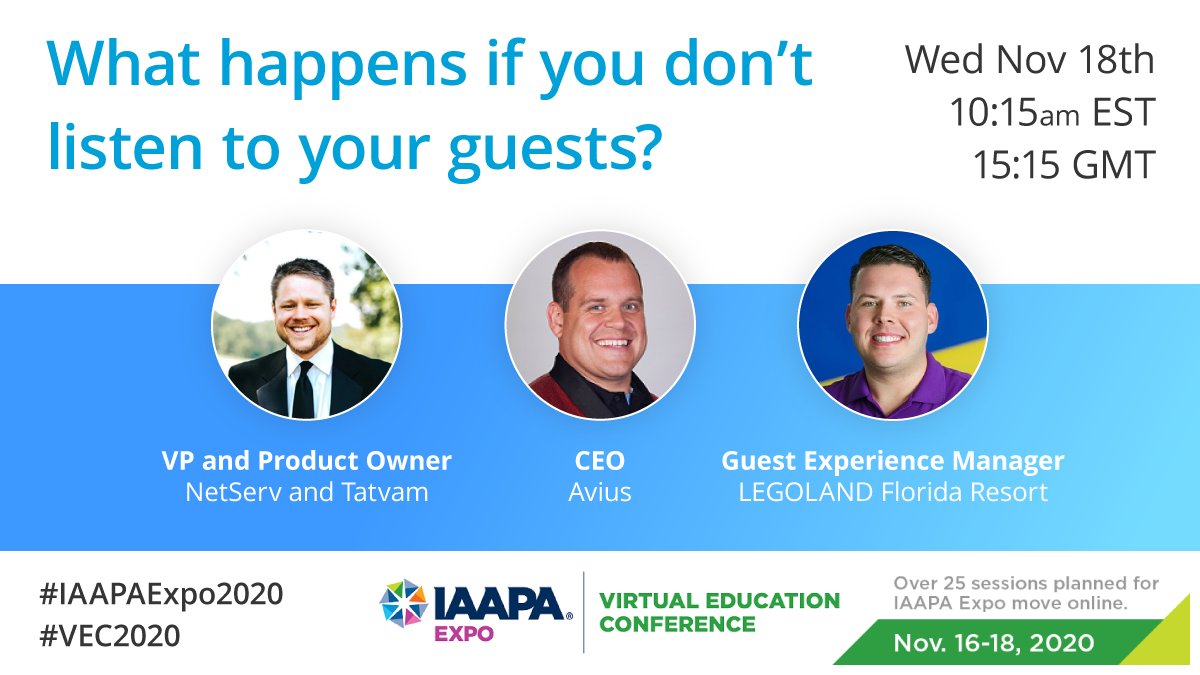 AviusHQ's tweet photo. You can still register for tomorrow's #IAAPAExpo session on What Happens If You Don't Listen To Your Guests with @bencstory, Tyler Pellerin and Tim Canada: 

https://t.co/JjVzjNRCcV

We can't wait! #VEC2020 #IAAPA2020 https://t.co/nvoi9EOImR