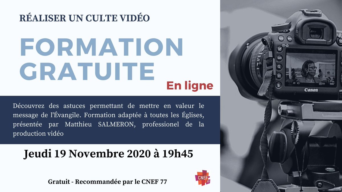 comcnef's tweet photo. Le CNEF 77 vous recommande cette formation gratuite : 
🎥 Comment préparer, réaliser et diffuser un culte en ligne ? https://t.co/Wi4bW8otfv