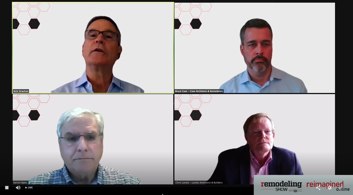 RemodelingShow's tweet photo. Starting now: Bruce Case, Chris Landis, Kermit Baker &amp; Rick Strachan discuss Succeeding in a #PostCOVID World. 
>> https://t.co/zPDqAb7c6i

 #remodelingshow #reimaginedonline #remodelers #remodeling #remodelingbusiness https://t.co/D6LALWLO8x
