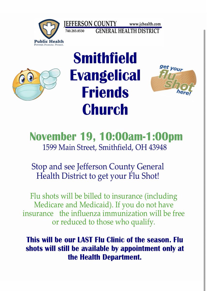 JeffCoHD's tweet photo. JCGHD will be at Smithfield Evangelical Friends Church for our LAST flu shot clinic this season. Come get your flu shot THIS THURSDAY November 19th from 10am-1pm!! Flu shots will still be available by appointment only at the health department 740-283-8530 https://t.co/9fljASymHF