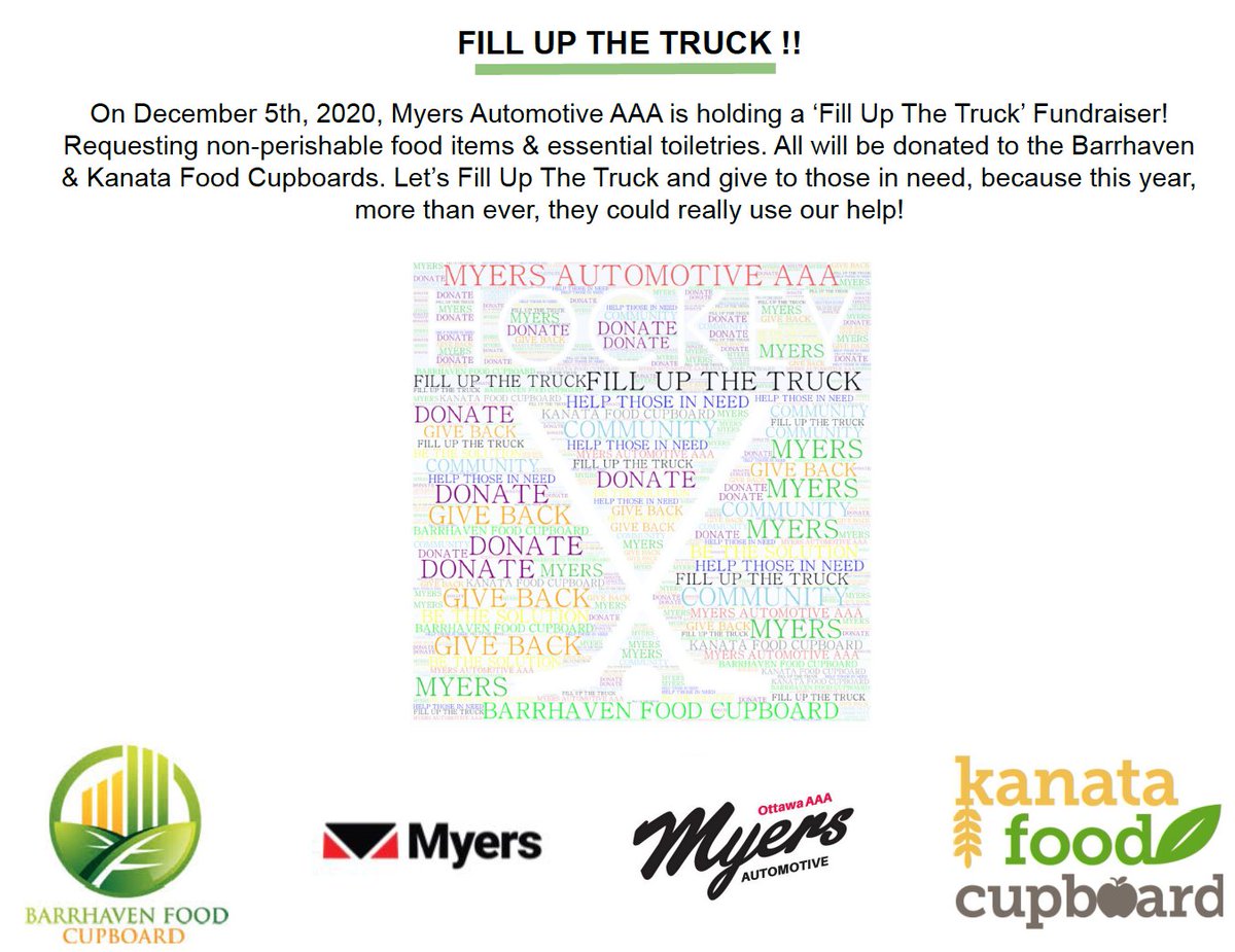 myers_aaa's tweet photo. Dec 5th, 2020, Myersβ Automotive AAA will be hosting a FILL UP THE TRUCK fundraiser with much needed items to be dropped off to the @KanataFoodCpbrd & @BarrhavenFood - save the date !! #communitysupport #helpingthoseinneed #contactless #safetyprotocolsinplace #MyersAAA https://t.co/Wy7OSKeBhm
