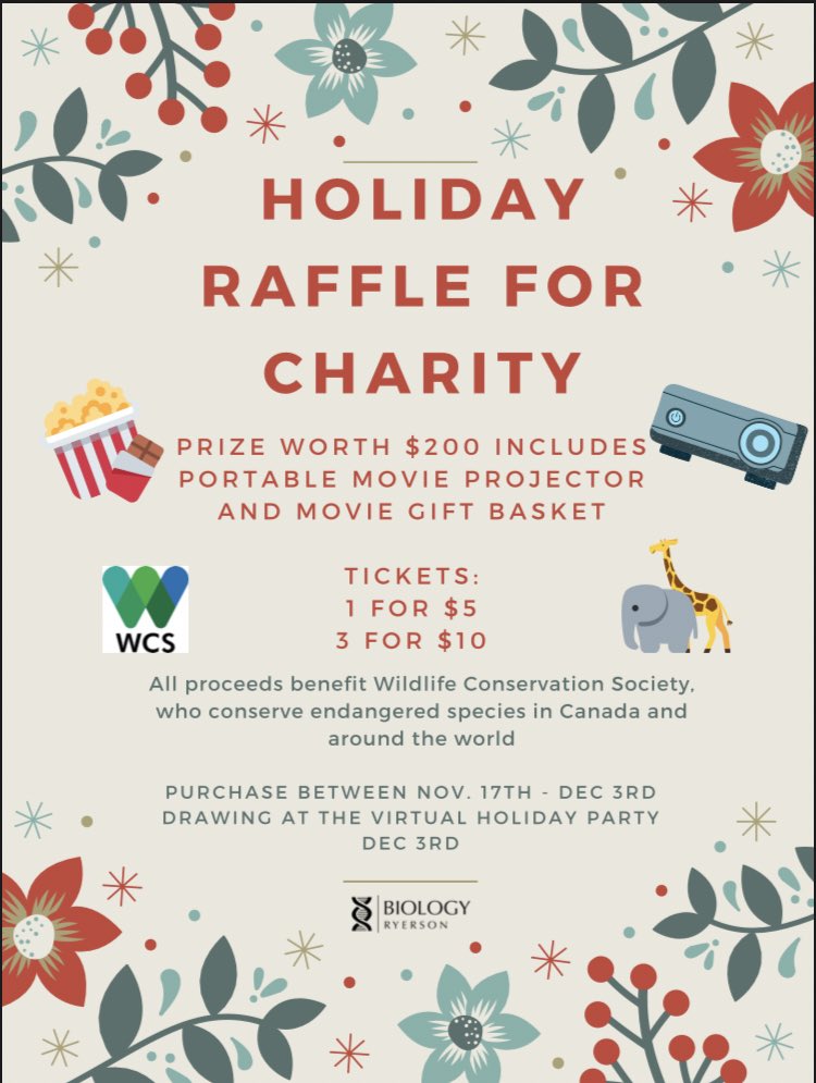 TMUbiology's tweet photo. The BCU is hosting a raffle to benefit the World Conservation Society which helps protect animals here in Canada and around the world. The prize is movie night themed and includes a portable movie projector and other goodies! Link: https://t.co/PshTKC3vmY https://t.co/3Xi5oJM0EE