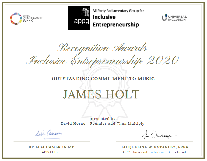 APPG_IE's tweet photo. The winner of the Recognition Award for #Inclusive #Entrepreneurship 2020 for outstanding commitment to #Music is @jamesholtmusic. Presented by @David_B_Horne, Founder of #AddThenMultiply #InclusiveEntrepreneursOnline @univinclusion https://t.co/lfju1xufNQ