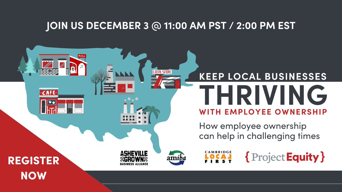 We're excited to be partnering with 
<a href="/theAMIBA/">AMIBA</a>, <a href="/projectequity/">Project Equity</a> &amp; <a href="/CambridgeLF/">Cambridge Local First</a>
to host a national conversation on employee ownership! On December 3rd, learn how #EmployeeOwnership can help #localbiz thrive. #golocalavl 

Join us by registering here:
register.gotowebinar.com/register/91039…