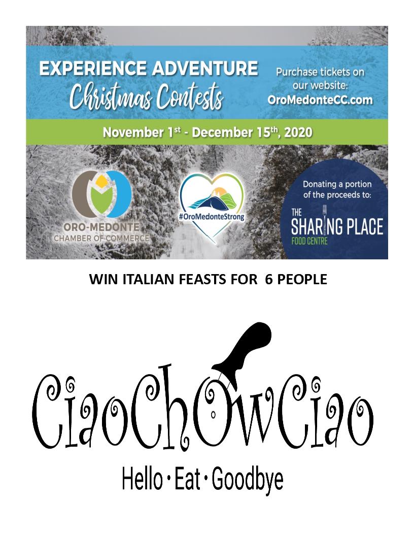 Oro-Medonte Chamber (@oromedontecc) on Twitter photo Win a Italian Feast for 6 people. Buy a ticket online for our Expereince Adventure Christmas Contests and you could win dinner for your family. <a href="/CiaoChowCiao/">CiaoChowCiao</a> help support @TheSharingPlace there are many awesome Adventures to win. <a href="/1sylviastark/">sylvia stark</a> #OromedonteStrong Win a Italian Feast for 6 people. Buy a ticket online for our Expereince Adventure Christmas Contests and you could win dinner for your family. <a href="/CiaoChowCiao/">CiaoChowCiao</a> help support @TheSharingPlace there are many awesome Adventures to win. <a href="/1sylviastark/">sylvia stark</a> #OromedonteStrong