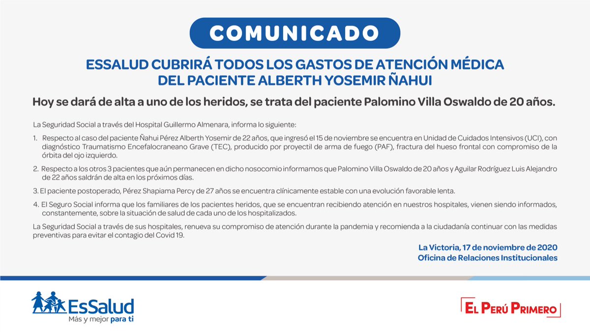 EsSaludPeru's tweet photo. #COMUNICADO - ESSALUD CUBRIRÁ TODOS LOS GASTOS DE ATENCIÓN MÉDICA DEL PACIENTE ALBERTH YOSEMIR ÑAHUI. https://t.co/6GGLr7dmUM