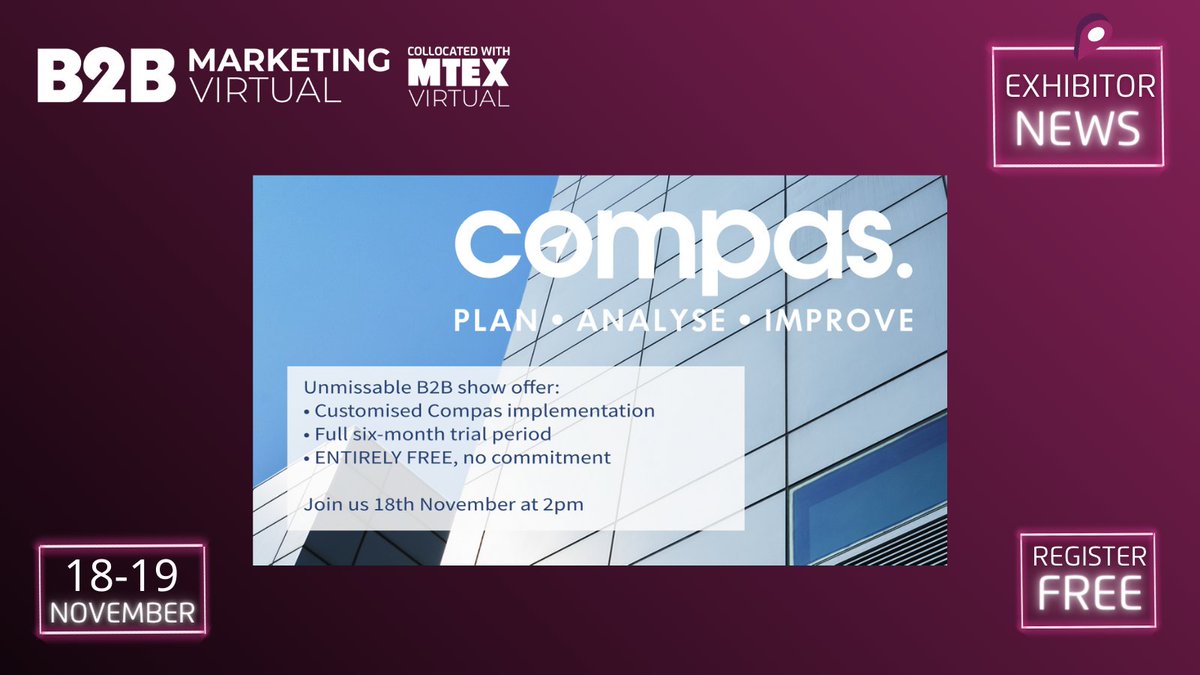B2BMarketingEX's tweet photo. @CompasCloud is putting its money where its mouth is! 

Visit their session the 18th of November at 2:00 pm and be eligible for:

• A customised Compas implementation
• A full six-month trial period
• ENTIRELY FREE, no commitment

Register FREE now ➡️ https://t.co/D5mC8ViV3P https://t.co/DF2fWily7O