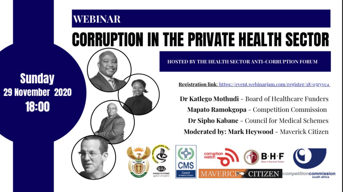 HSACF presents a webinar on corruption in the private health sector. #BHF MD, <a href="/KatlegoMothudi/">Echoes_of_Logic</a>  will be a speaker at this event. event.webinarjam.com/register/18/05…