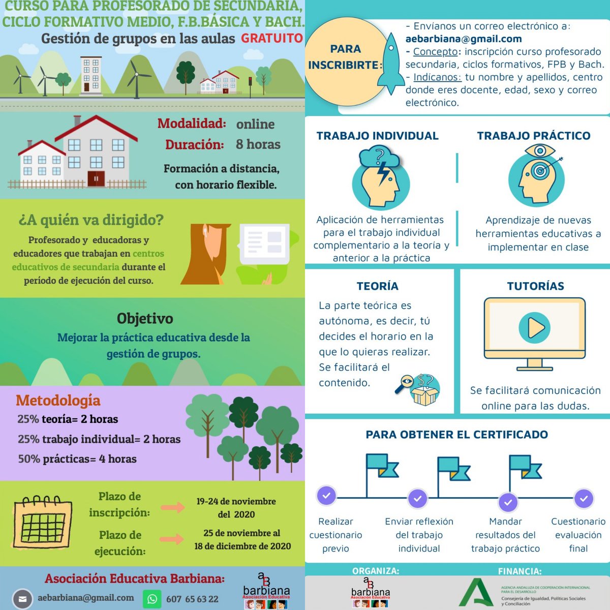 PRIMER CURSO DE GESTIÓN DE GRUPOS EN EL AULA✍🏼
👩‍🎓👨🏾‍🏫Dirigido a: profesorado de secundaria, bachillerato y ciclos formativos medios que se encuentren trabajando durante la ejecución del curso. 

8 horas⌚ Gratuito💻
Modalidad: online

Organizado por: Asociación Educativa Barbiana🎊