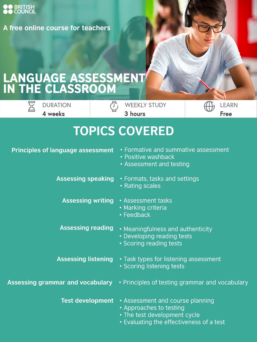 TeachingEnglish's tweet photo. Learn about a range of ways you can assess learners on this online course for teachers.
👉 Find out more about the course and join it here: https://t.co/uJ740Lpu3r
#FLLanguageAssessment https://t.co/SDvtpyarPU