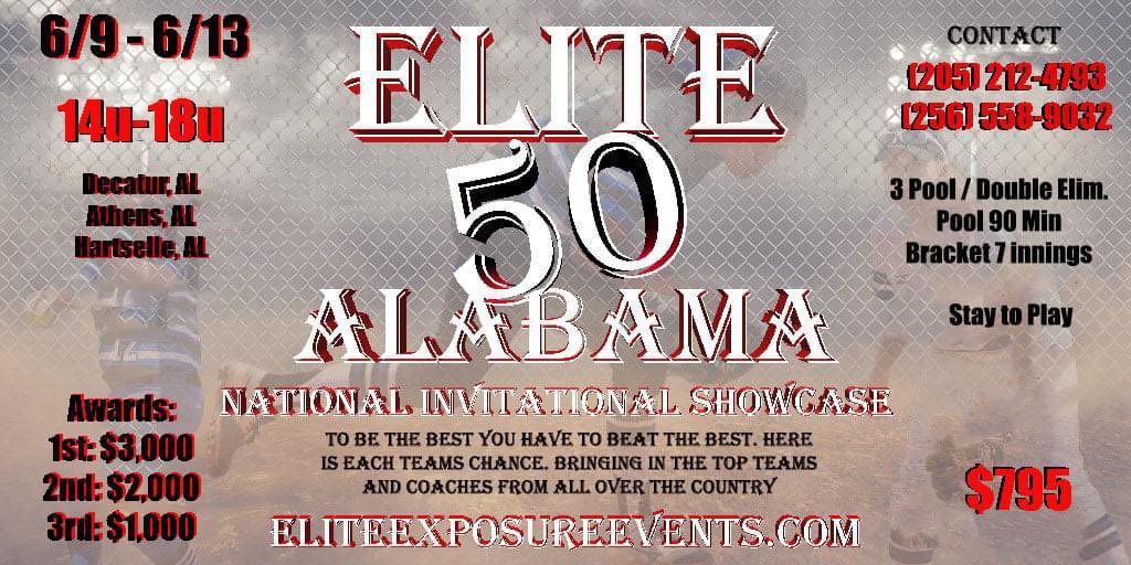 EExposureEvents's tweet photo. Elite 50 National 2021 Showcase
6/9-6/13 2021
Decatur, Athens, &amp; Hartselle AL
22 Total Fields
3 Pool / Double Elimination Bracket
Pool 90 Min / Bracket 7 Innings
14U-18U
Awards to 1st, 2nd, 3rd
Player camp before tourney

https://t.co/NVYjJBkIo4 https://t.co/m4NKp49Hwd
