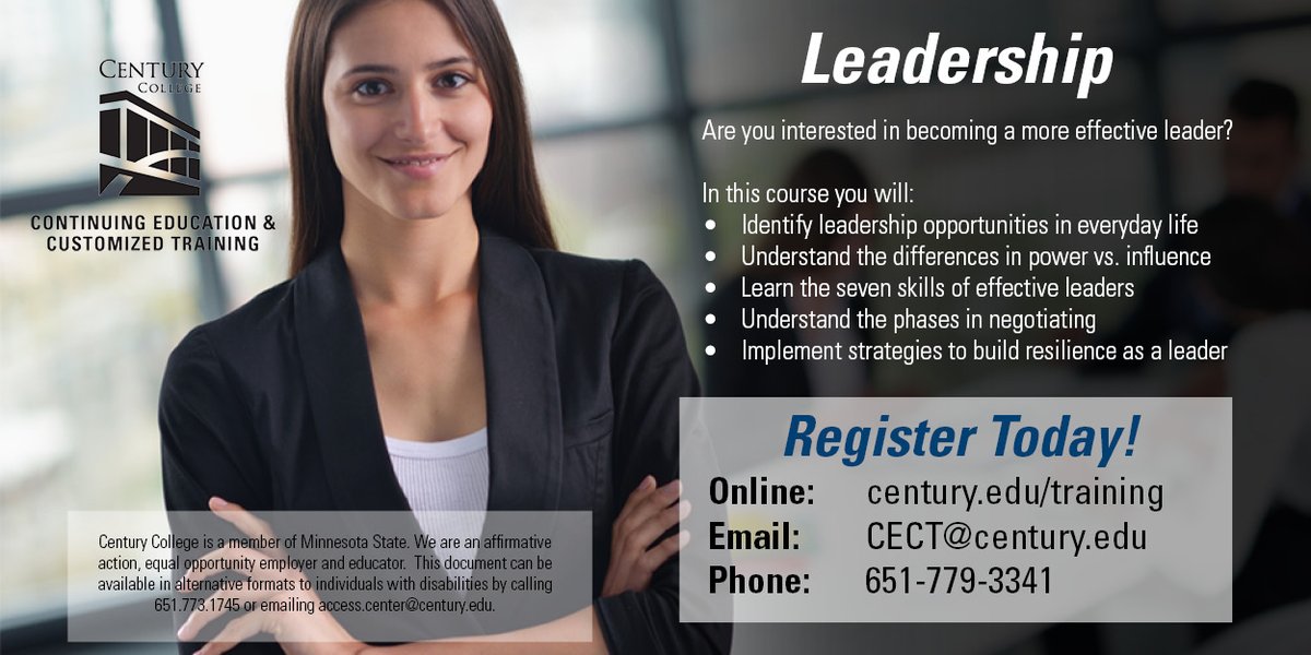 CenturyCECT's tweet photo. Are you interested in becoming a more effective #leader?

Register for this #online #Leadership class:
https://t.co/2vJZfDdSkU

#centurycollege #leadershipclass #leadershipcourse #onlineclass #continuingeducation #zoom #zoomcourse #onlinecourse #adultlearning https://t.co/YHorLQanw0