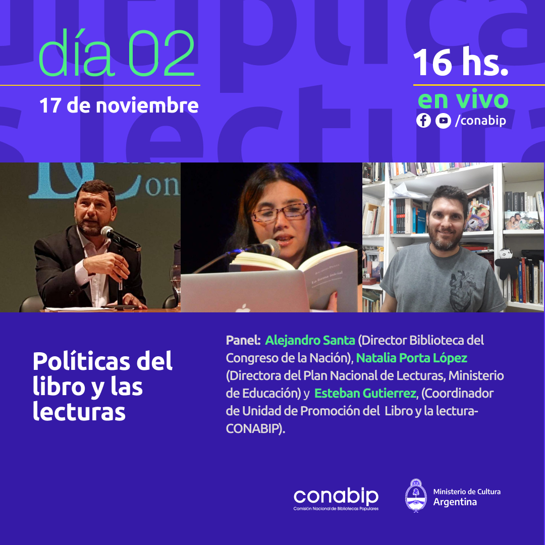 sbibliotecario's tweet photo. A las 16 hs continúa el Encuentro Nacional de Bibliotecas Populares 2020➡️https://t.co/fy7CFktUqE💻Panel "Políticas del Libro y las Lecturas" con @AlejSanta, Dir Coord Gral de la @BCNArgentina; @NatPortaLopez, Directora del  @planlecturas y Esteban Gutiérrez, de @CONABIP https://t.co/mTWknP0OZc