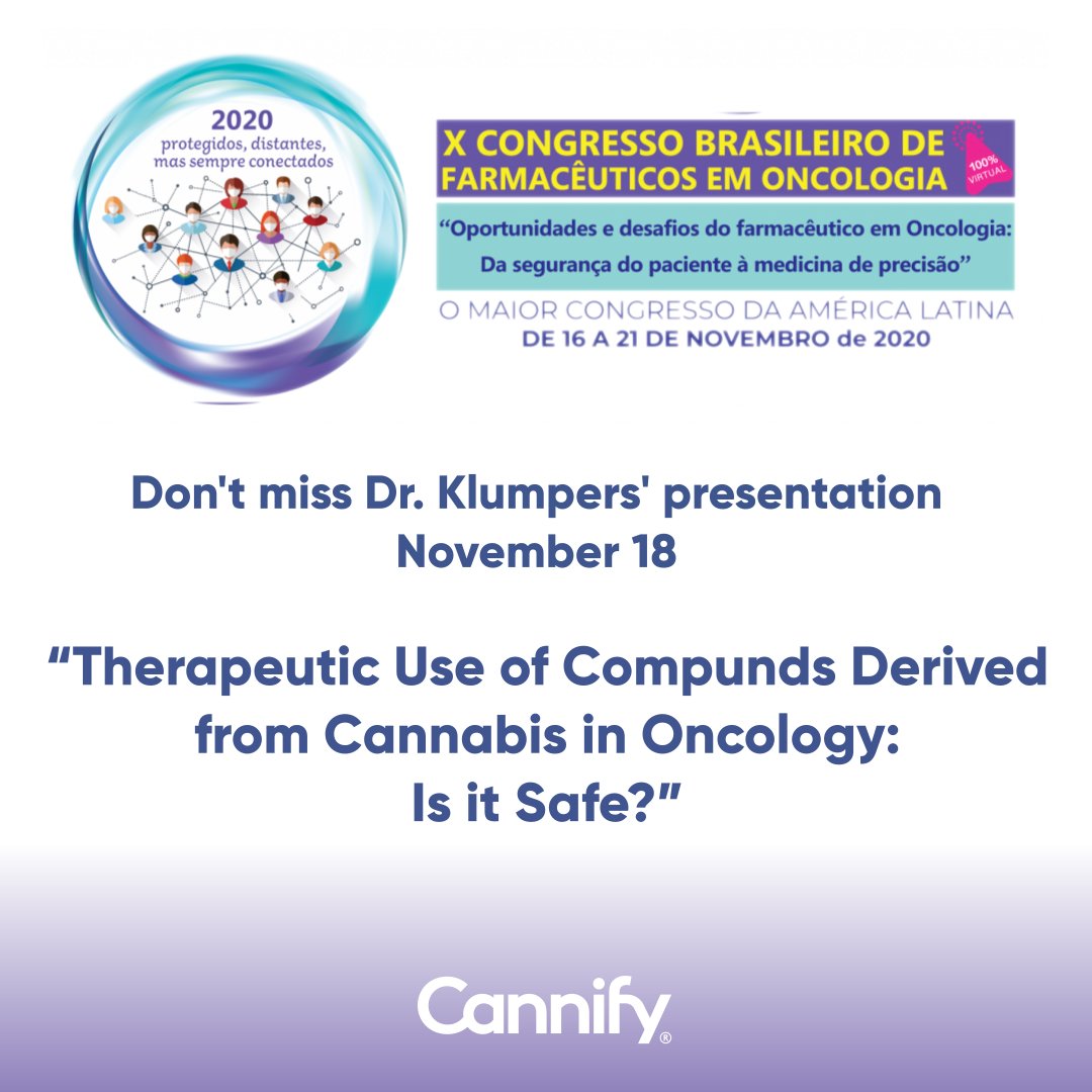 CannifyUS's tweet photo. #Cannify's director will present on the safety of therapeutic use of #cannabis compounds in #oncology on November 18 at 19:40-20:00 (Brasilia Standard Time) at the #virtual congress of the Brazilian Society of Pharmaceutical Oncology @SOBRAFO https://t.co/tqrnYw8uz1 https://t.co/zXAYiIAn1B