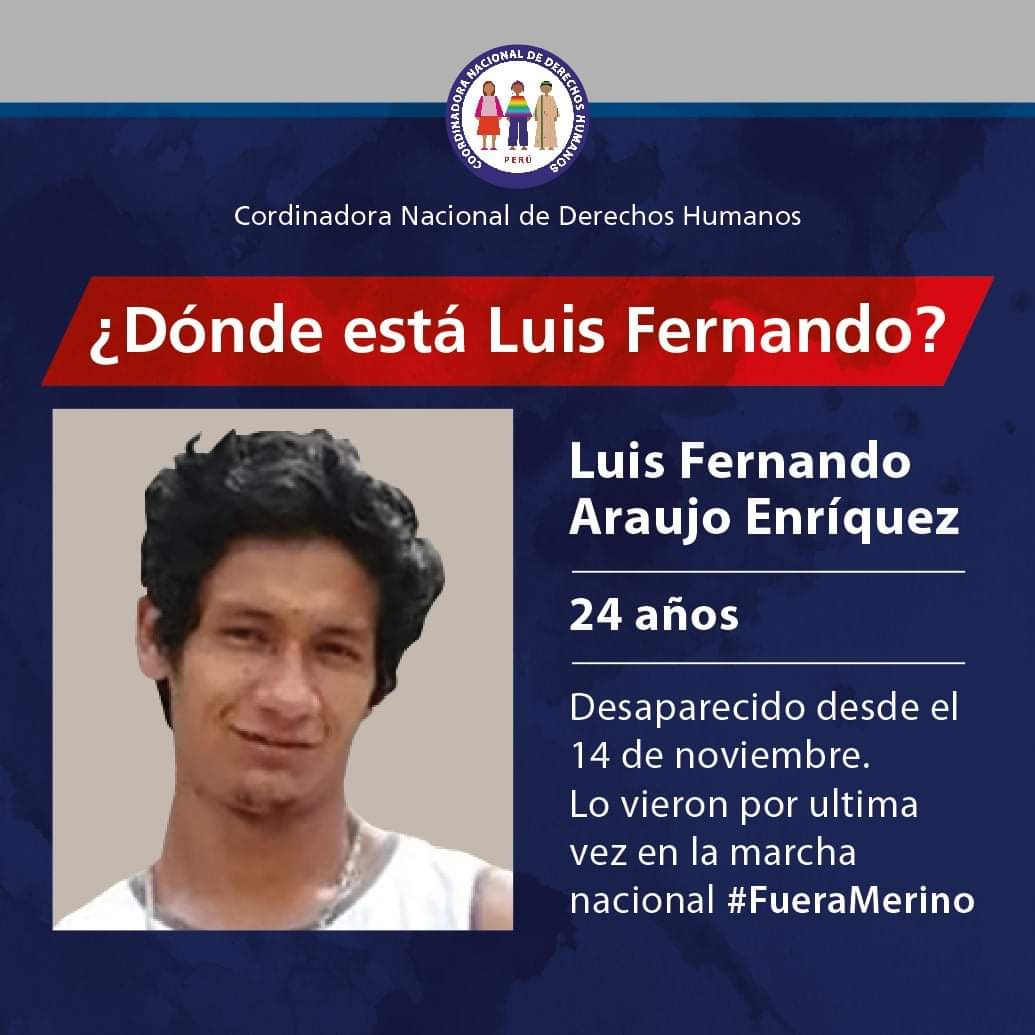 SofiaCarrilloZ's tweet photo. 🚨#URGENTE ¿DÓNDE ESTÁ LUIS FERNANDO ARAUJO?
📌Fue visto por última vez el sábado x un amigo en la marcha nacional #FueraMerino La última comunicación, vía whatsapp, que tuvo con su pareja fue alrededor de las 06:00 pm del 14 de nov. 
Fuente @cnddhh
#DondeEstan #HastaEncontrarlos https://t.co/TtCDoD2fex