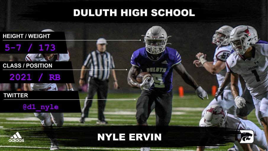 RecruitDuluth's tweet photo. 🗣 NYLE ERVIN
🎓 2021
📏 5-7 | 173
🏈 RB
📱  @D1_nyle 
🗂 EXPLOSIVE - can score from anywhere
VISION - just needs a sliver of daylight
BALANCE - bounces off defenders, great after contact
🎥 https://t.co/MMBVxtSlct

#RecruitDULUTH😈
@RecruitGeorgia
@EliteRawTalent 
@Mansell247 https://t.co/v7zjaiyJJM