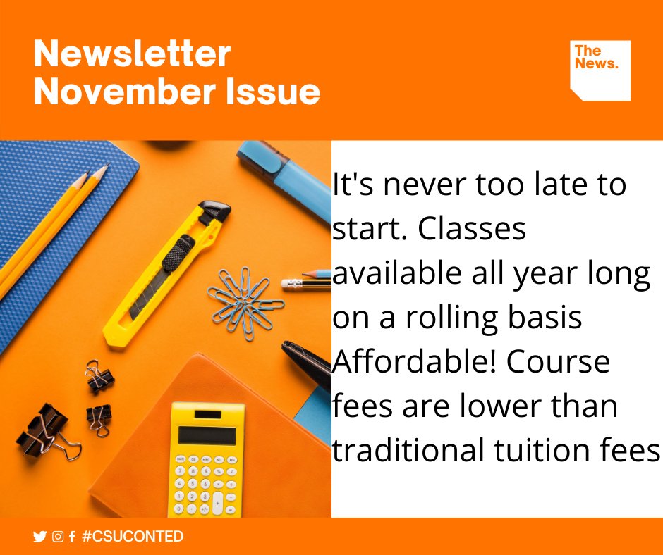 ContEduExtended's tweet photo. November Workforce Development Newsletter! Reboot your Career fast! Short-term credential courses prepare you for a new career in six-months or less. Check out our newsletter! https://t.co/XIYY2ZqSQ0 #CSUcontED #newsletter #professionaldevelopment #workfromhome #learningathome https://t.co/HvODpMd88A