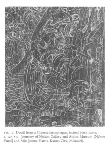 Stone slab of a Chinese sarcophagus from 525 AD. Based on Confucian Stories of Filial Piety with a young person beside what appears to be their grandfather in a chair with wheels.