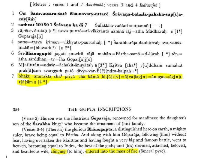 The earliest evidence of Sati was found in CE 510 in Gupta Kal. But that too is questionable for John Fleet changed inscriptions translation from "accompanied onto funeral pyre" to "Entered into funeral pyre" in his revised ver. (in Pic) @D_Roopa_IPS 9/n https://twitter.com/i__Mystic/status/1269521876247875585?s=20