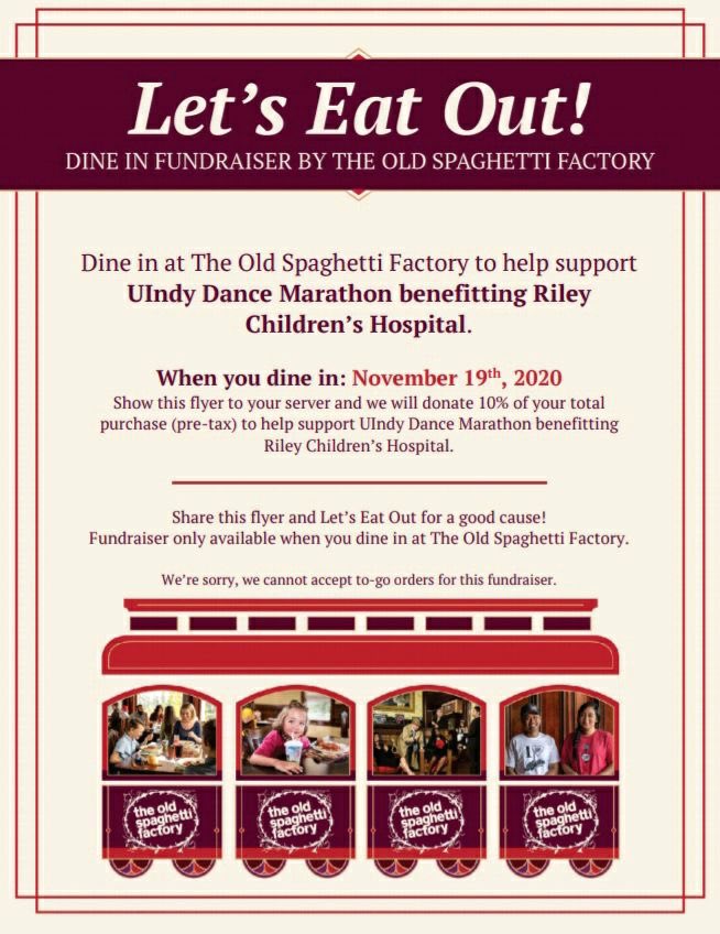UIndyDM's tweet image. Who doesn’t love The Old Spaghetti Factory? Today through Thursday, order online and use the code for 10% of your meal to go towards Riley Hospital for Children. On Thursday, you are also able to dine in for this. Just be sure to show your server this flyer!