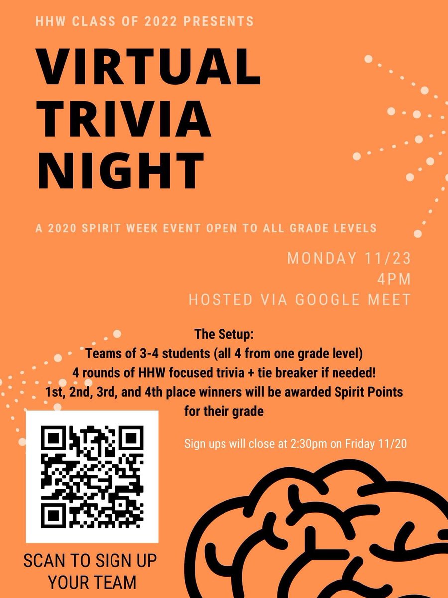 Attention STUDENTS! 

Looking for something to do to get involved this Spirit Week? Join us for Virtual Trivia Night!

**This event is open to current HHW students ONLY**

Sign up your team here: forms.gle/sHB7W2MMUCZTRi…