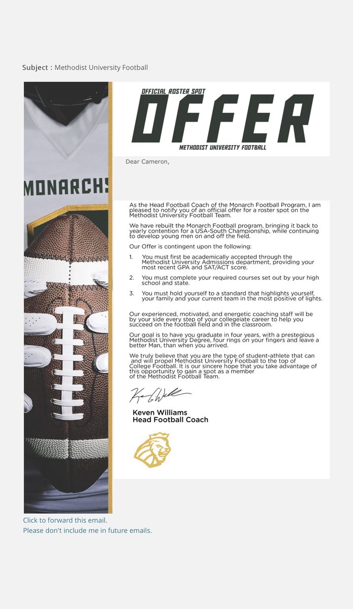 After a great phone call with <a href="/CoachMagouirk/">Kevin Magouirk</a> , I am blessed to receive an offer from <a href="/Methodist_FB/">Methodist University FB</a> ! 🙌🏼 <a href="/RHHSBearcatsFB/">Rock Hill Football</a> <a href="/BearcatFBCoach/">Bubba Pittman</a>