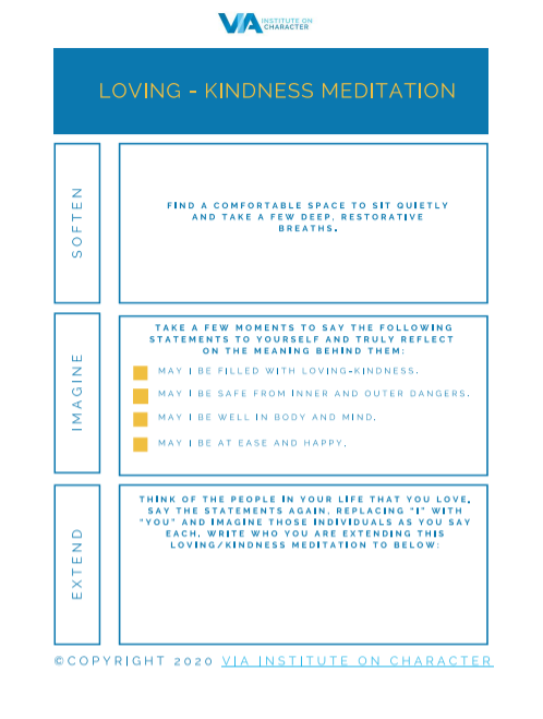 VIAstrengths's tweet photo. Research shows exercises such as this Loving-Kindness meditation can decrease anxiety and boost feelings of happiness and optimism. Will you give it a try? Download for free.  #meditation https://t.co/Hk2EOQ9UVV https://t.co/w1VMKwo4ki