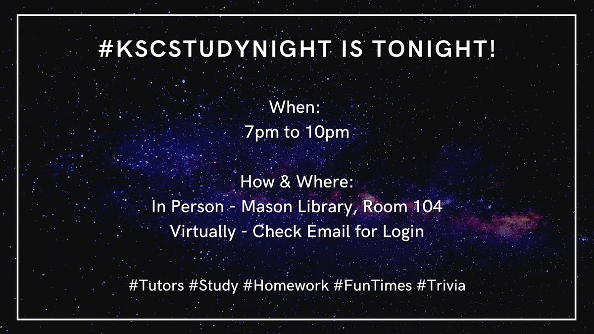 KeeneMasonLib's tweet photo. #KSCStudyNight is tonight, Tuesday, November 17th from 7pm to 10pm! This session will be held in person and virtually.
@KeeneState_ @KSCAspire @KSC_C4W @KeeneMasonLib #KSCStudents #KeeneStateStudents #Study #Homework #Trivia #FunTimes #KSCMathCenter https://t.co/VqV0avMinr