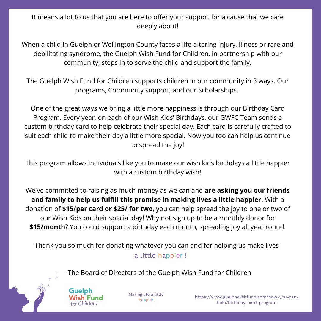 GWFC1's tweet photo. The Birthday Card program is not only a wonderful way to support our Wish Kids but it now gives YOU an opportunity to get involved.

There are many ways to show support:

💜Share this post 
💜Donate
💜Become a monthly supporter

For more info visit: https://t.co/1RyDaWjrIn

#GWFC https://t.co/D4booc6jCG