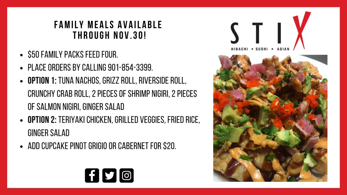 STIX901's tweet image. #Didyouknow family meals are back at STIX Collierville?! To help with the hustle and bustle of the holiday season, we’ve got dinner covered.🥢   Just pick your favorites from the options below and feed FOUR family members for $50. Order up » 901-854-3399.