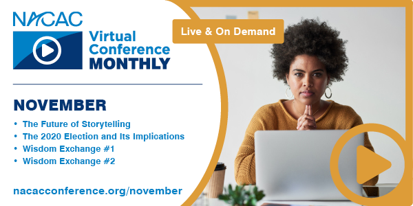 NACAC's tweet photo. Happening now, #NACACVirtualConference! Let's talk #StoryTelling, #Election2020, and #WisdomExchange. Register today at https://t.co/eVyb45fCqv https://t.co/Q1ARTfPNS4