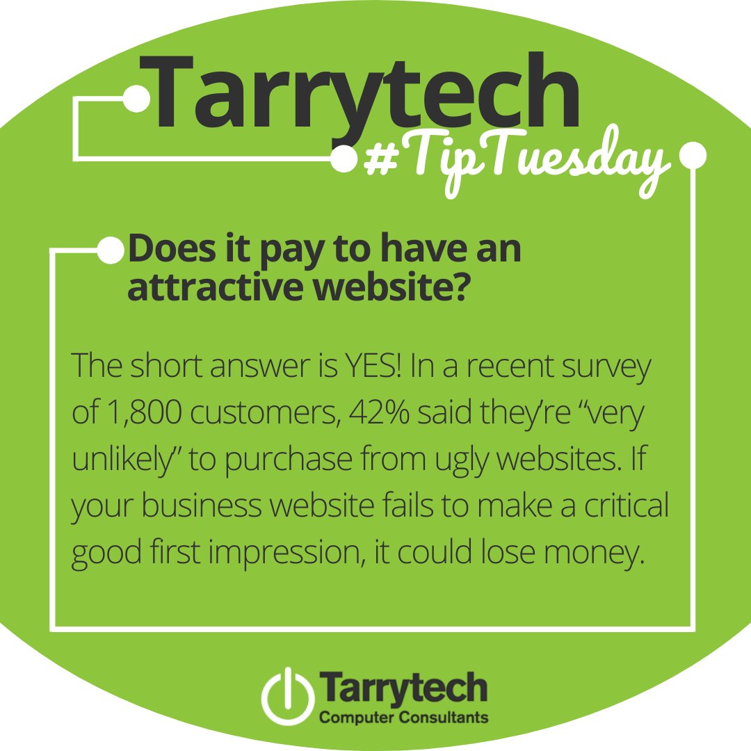 Tarrytech's tweet image. It&apos;s #TarrytechTipTuesday! The short answer to this is YES! In a recent survey of 1,800 customers, 42% said they&apos;re &quot;very unlikely&quot; to purchase from ugly websites. If your website fails to make a critical first impression, it could lose money for your company. #Tech #TechTips