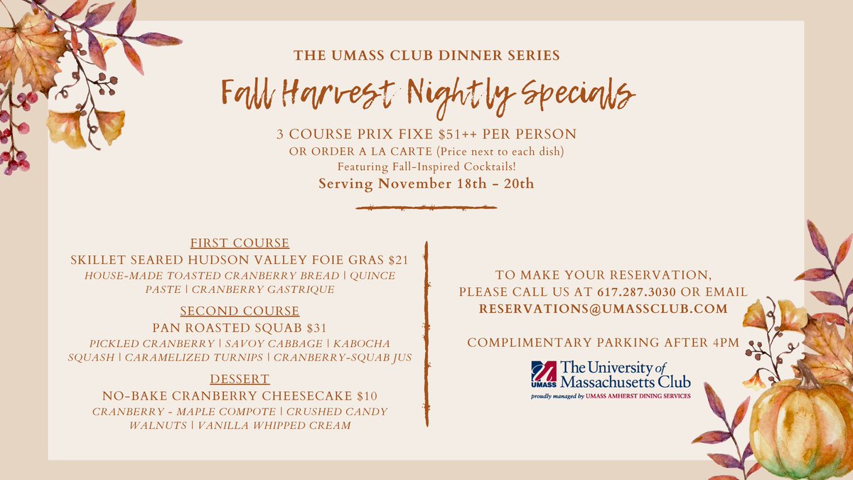 There is so much to love about fall in New England, so cozy up with us this Wednesday - Friday for dinner & enjoy our Fall Harvest Nightly Specials. Chef Damian will be featuring local cranberries in each dish! Call 617.287.3030 to make your reservation🍂 #umassclub #memberperks