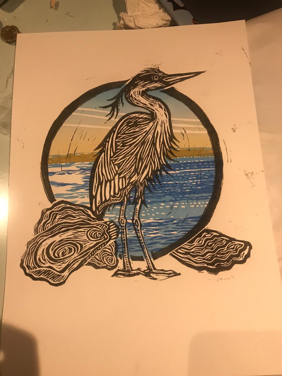 HoopersIsland's tweet image. Scenes from a studio: Heritage Heron prints coming to life in the hands of artist @Pennypackmo #oystertin #printmaking #greatblueheron hoopersisland.com/heritage-tin-4/