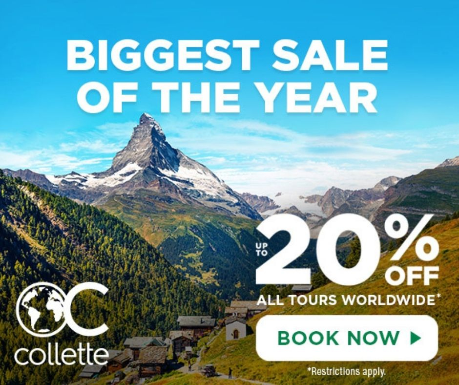 Collette's biggest sale of the year is here! Get up to 20% off on ALL tours worldwide* 

You can change their booking up to 60 days of their departure at NO PENALTY. When you are ready, we will be here.

#TPITravel #TravelTueday #Collette #BiggestSaleOfTheYear #PlanNowTravelLater