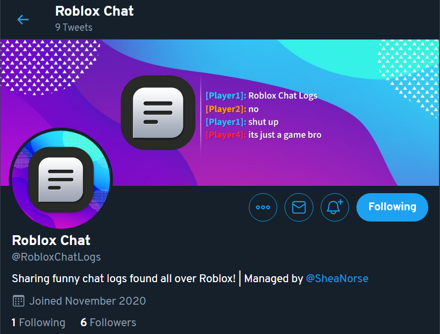 Sheasu_'s tweet photo. 11/17/20 (CST) ● new gimmick twitter account by shea, @RobloxChatLogs https://t.co/qTHEF1dktq
